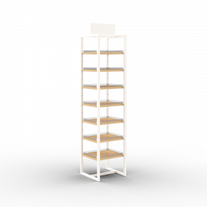 Holine, meuble tour autoportante blanc tablettes bois + panneau rappel de marque